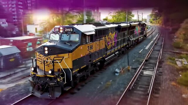 Train engine with graffiti on track curves through landscape at sunset