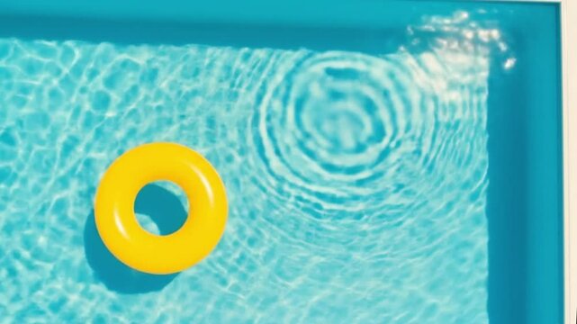 A bright yellow inflatable ring floats in a clear blue swimming pool on a sunny day