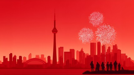 Obraz premium Silhouetted Crowd Watching Fireworks Over Toronto Skyline in Red Tones – Celebrating Canada Day and National Unity