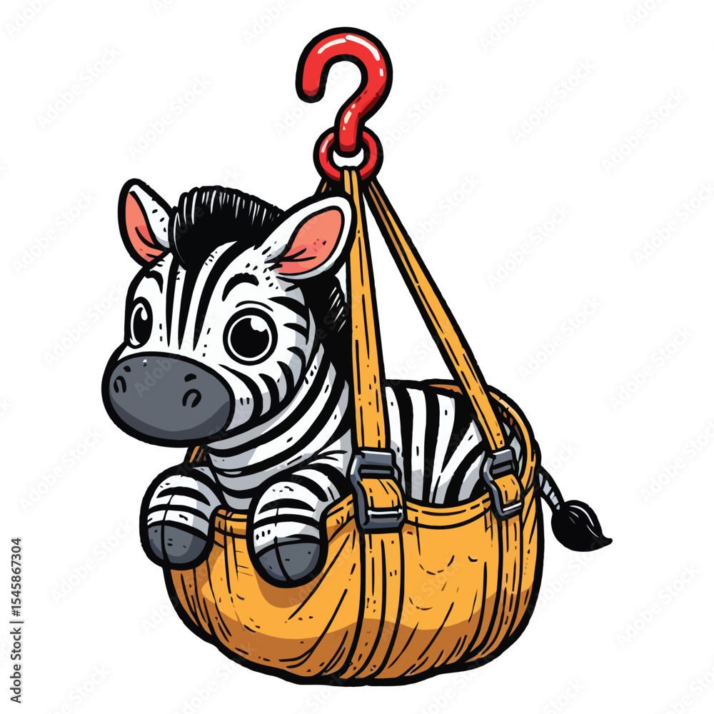 Fototapete hand drawn cartoon illustration of a zebra. The zebra has a funny expression. It is sitting in a hanging bag (like a sling or a carrier) that is hooked up by a red hook. 
