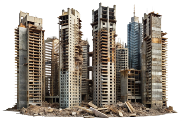 Ruined Skyscrapers Cityscape Destroyed Buildings Concrete Structures Urban Decay Demolition Site Grey Brown Beige Colors Isolated on a transparent background