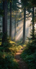 Obraz premium Sunbeams pierce a misty forest, illuminating a winding path through lush green undergrowth and tall, dark trees