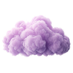 A single fluffy purple cloud, like cotton candy or colored smoke, isolated on a white background. 3D rendered abstract shape for fantasy or dream concepts.
