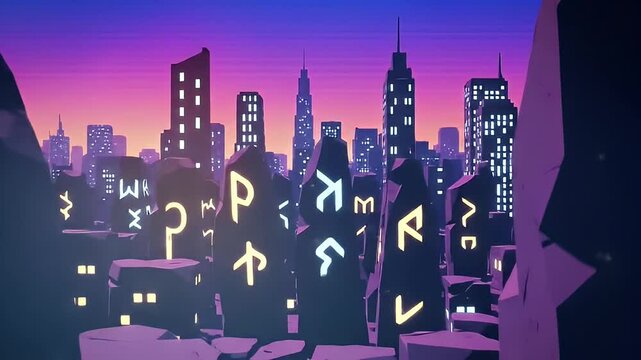 Stylized city skyline with glowing rune stones under gradient sky