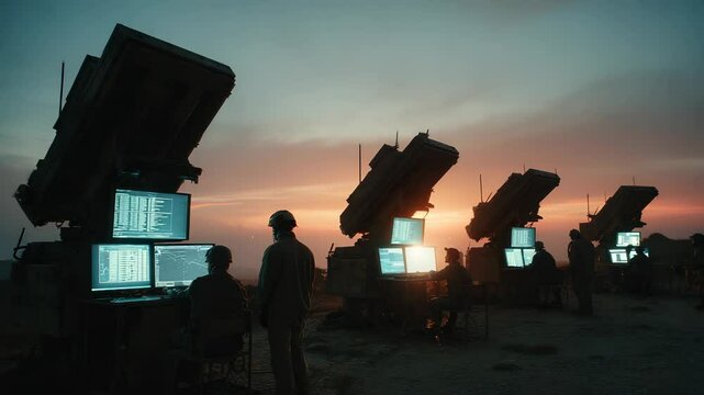 Military Personnel Operating Mobile Missile Defense Systems with Computer Terminals at Sunset, Strategic Defense, Modern Warfare, Technological Advancement