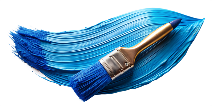 Vivid Blue Paint Stroke with Gold Handled Brush on Black Background A I G E N E R A T E D P N G isolated on a transparent background