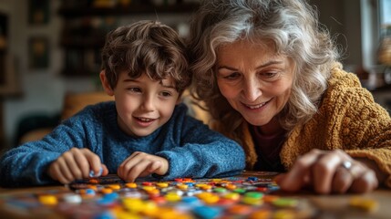 Grandmother and Grandson Bonding Over a Puzzle