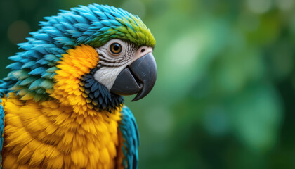 Obraz premium Close-Up Portrait of a Vibrant Blue and Yellow Macaw with Green Blurry Background