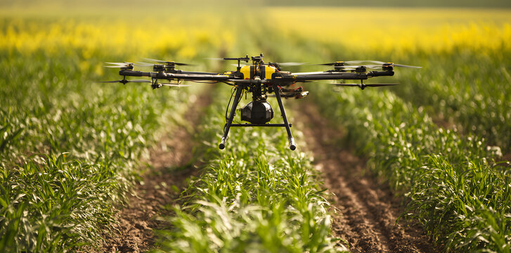 Agricultural drone flying over a green vegetable field in the background. Modern smart farming and sustainable agriculture technology concept.