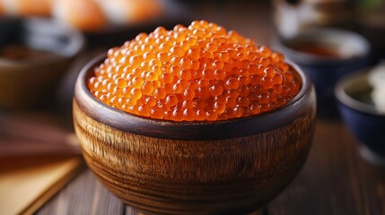 Salmon caviar in wooden bowl with traditional Japanese decor