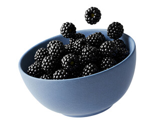 bowl of blackberries PNG. Blackberry bowl isolated. Blackberries berry fruit falling down into blue ceramic bowl PNG. Fresh and organic blackberry isolated