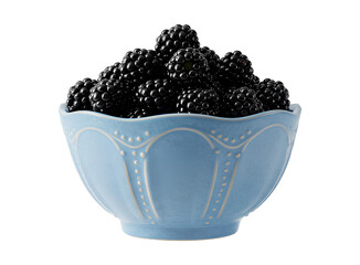 Fresh blackberries falling into blue ceramic bowl PNG for organic fruit, summer berries, and healthy eating visuals. Bowl of ripe blackberries with juicy berry fruit tumbling down PNG