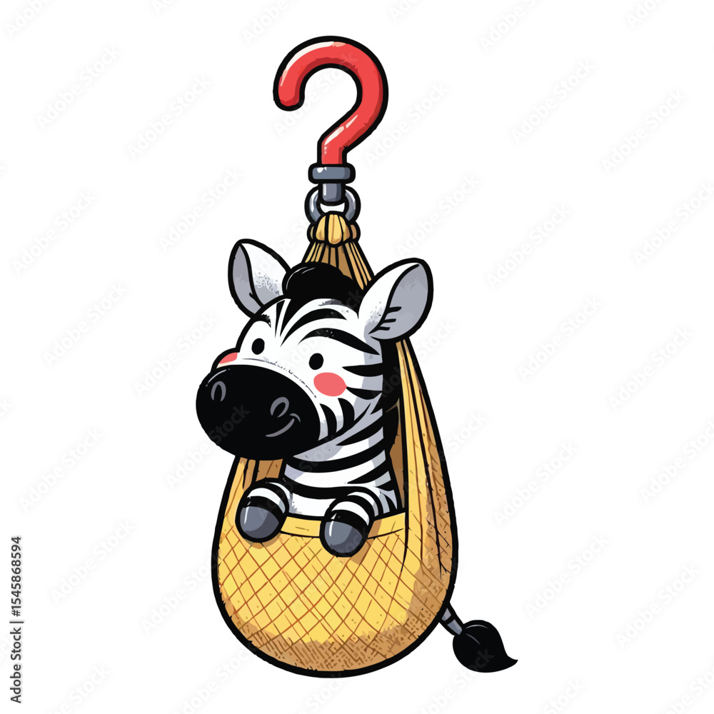 Fototapete hand drawn cartoon illustration of a zebra. The zebra has a funny expression. It is sitting in a hanging bag (like a sling or a carrier) that is hooked up by a red hook. 
