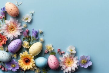 Obraz premium Easter Egg with Flower Arrangement on Light Blue Background