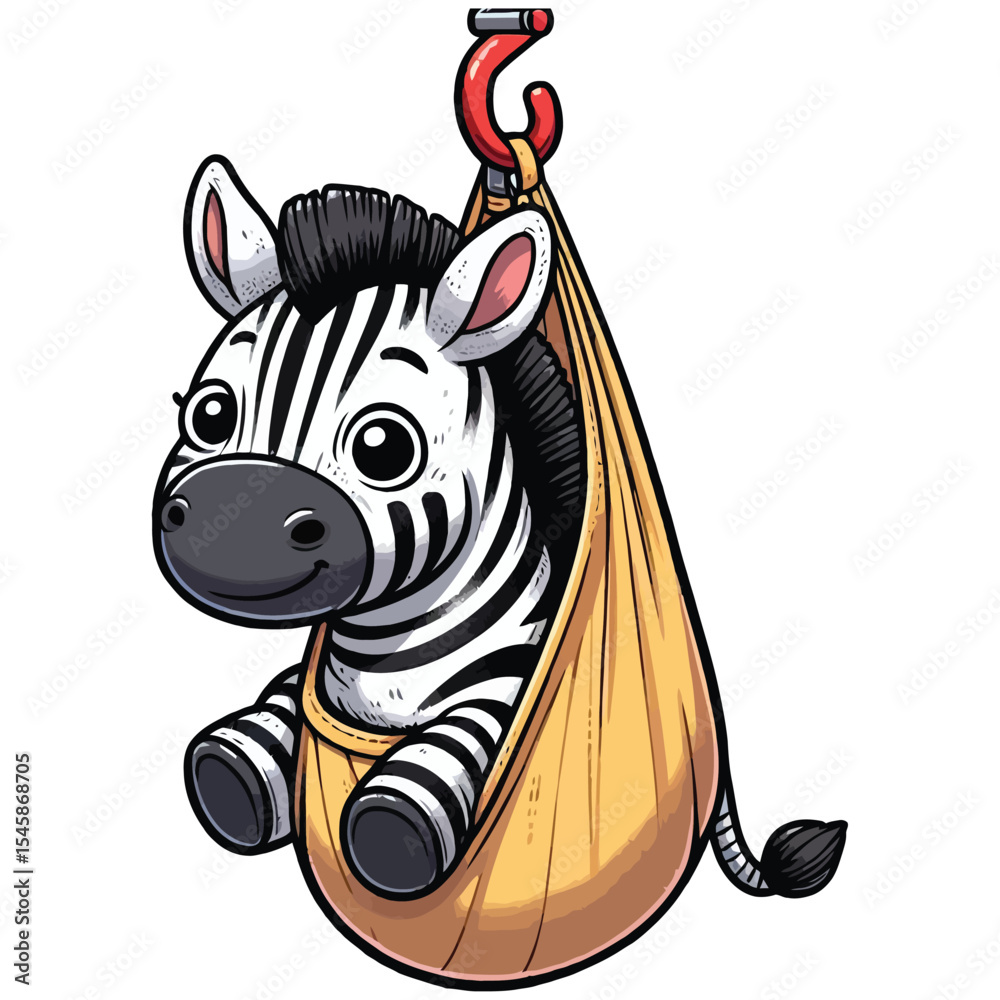 Fototapete hand drawn cartoon illustration of a zebra. The zebra has a funny expression. It is sitting in a hanging bag (like a sling or a carrier) that is hooked up by a red hook. 
