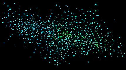 Abstract blue and green glowing particle dispersion on black background