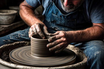 A potter working up close