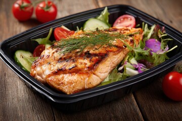 Grilled Salmon with Salad in Plastic Container