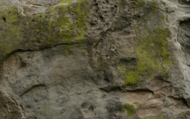 Close-up of a weathered stone texture with subtle moss growth, rich detail, natural light, earthy tones, high-resolution, organic imperfection