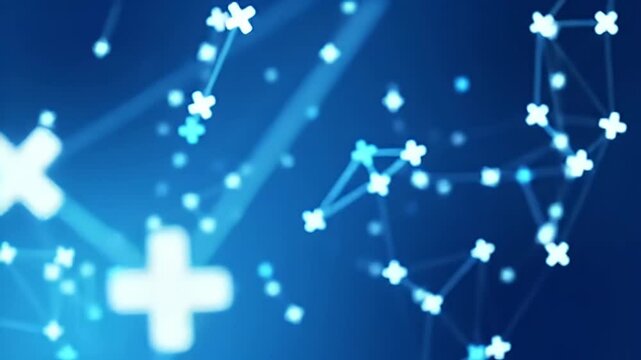 Blue background with connected plus shapes, bokeh effect