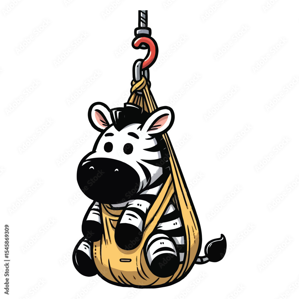 Fototapete hand drawn cartoon illustration of a zebra. The zebra has a funny expression. It is sitting in a hanging bag (like a sling or a carrier) that is hooked up by a red hook. 
