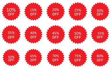 Glossy Red Sale Badge Collection   Percentage Discount Labels, Starburst Stickers   Vintage Tags Set
