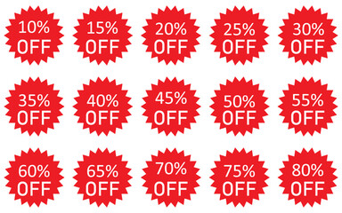 Glossy Red Sale Badge Collection   Percentage Discount Labels, Starburst Stickers   Vintage Tags Set