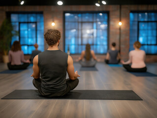 Male yoga practitioner in a studio setting, seated in meditation pose on a mat, surrounded by diverse participants, creating a serene and focused atmosphere for mindfulness practice