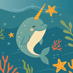 Die Illustration zeigt einen fröhlich wirkenden Narwal mit einem gelb-orangenen Spiralhorn, der entspannt in einer bunten Unterwasserwelt schwimmt. Umgeben ist das freundliche Tier von Seesternen u. a © namosh