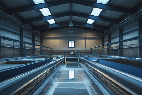 Industrial water treatment plant interior view showing long parallel processing lines and a high ceiling with skylights