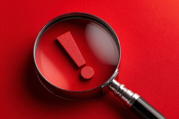 Exclamation Point Magnifying Glass on Red Background