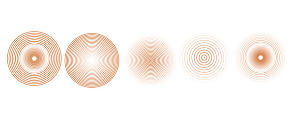 Red concentric ripple circles set. Sonar or sound wave rings collection. Epicentre, target, radar icon concept. Radial signal or vibration elements. Vector 10 eps.