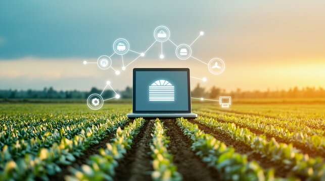infographic of digital farming ecosystem, sensors, AI, data, cloud platform layout