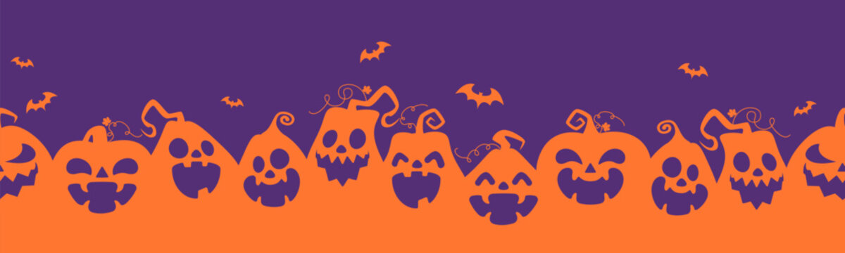 Seamless Halloween banner featuring spooky jack o lantern and pumpkin silhouettes. Flat vector background illustration ideal for Halloween party posters, festive decorations, and endless themed design
