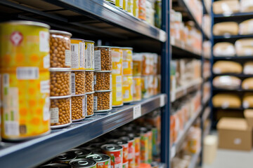 Storage shelves in a Trussell Trust local church food bank warehouse showing tins of baked beans and soup ready for food parcels