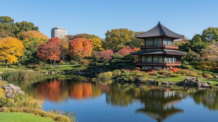 Obraz premium Autumnal Japanese garden with pond reflection