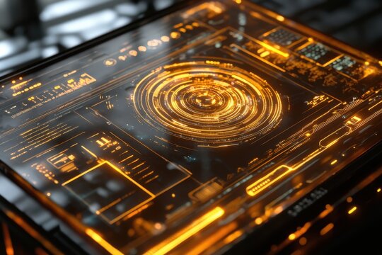 A computer monitor displays a glowing circle. The image has a futuristic and technological feel. Glowing hologram hud with digital statistics and graph indicators.