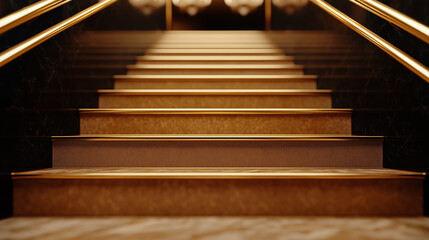 Elegant staircase with golden handrails and illuminated steps  