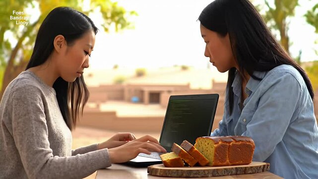 Women working on laptop with bread