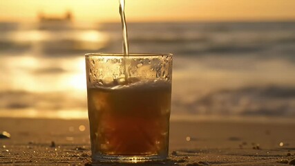 Beachside drink pouring into a glass at sunset