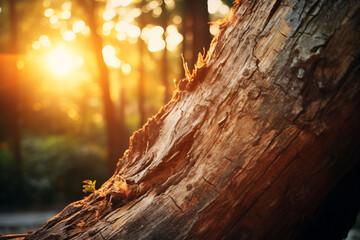 Obraz premium Close-up of a blurry tree trunk in a forest at sunset.