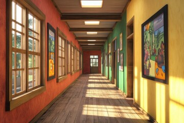 Fototapeta premium A hallway with colorful walls and a blue floor. The walls are painted in different colors, and there are pictures on the wall. Corridor in school.
