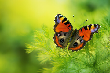 Butterfly on dill plant with green backgrounds