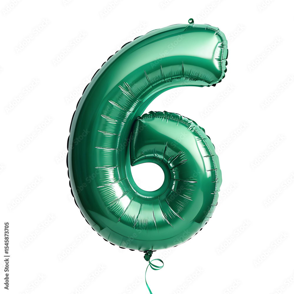 Fototapete a balloon shaped like the number 6,emerald green metallic finish with realistic reflections and smoo