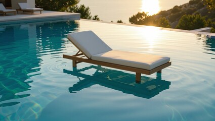 A serene luxury poolside scene featuring an elegant chaise lounge with reflections in clear water, enhanced by soft golden-hour sunlight.