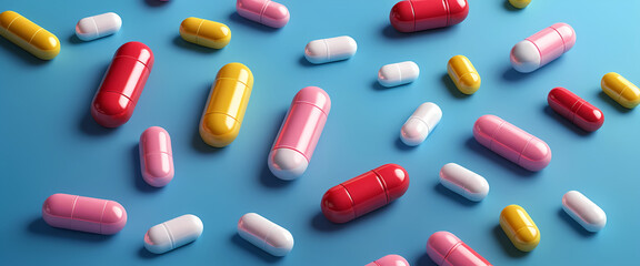 Colorful Pills and Capsules Floating on Blue Background, Pharmaceutical Design, Generative AI