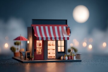 Miniature Shop with Awning, Table, and Moon