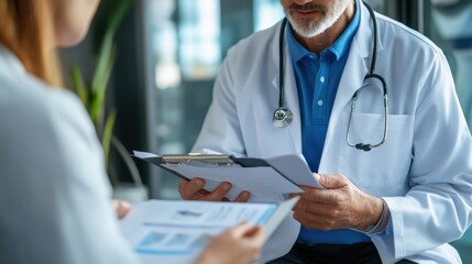 A doctor examines a patients documents during consultation