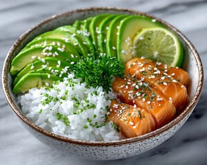 Healthy bowl with avocado, rice, and salmon