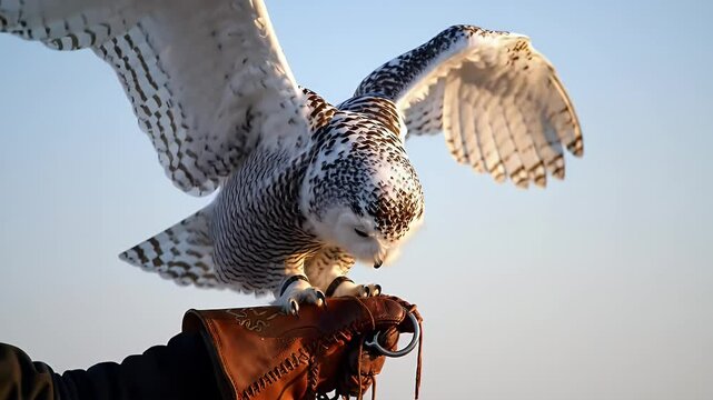 Majestic Snowy Owl Spreading Wings on Glove against a Light Blue Sky